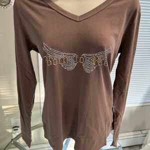 Old Navy Brown V-Neck Blouse with Wing Design